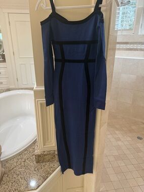 JLUXLABEL Navy Blue Cold-Shoulder Midi Dress with Black Trim